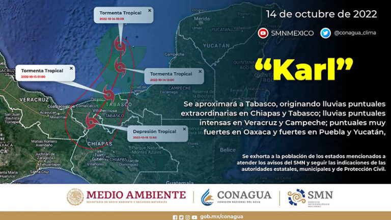 La tormenta tropical ‘Karl’ causará lluvias puntuales extraordinarias en Chiapas y Tabasco